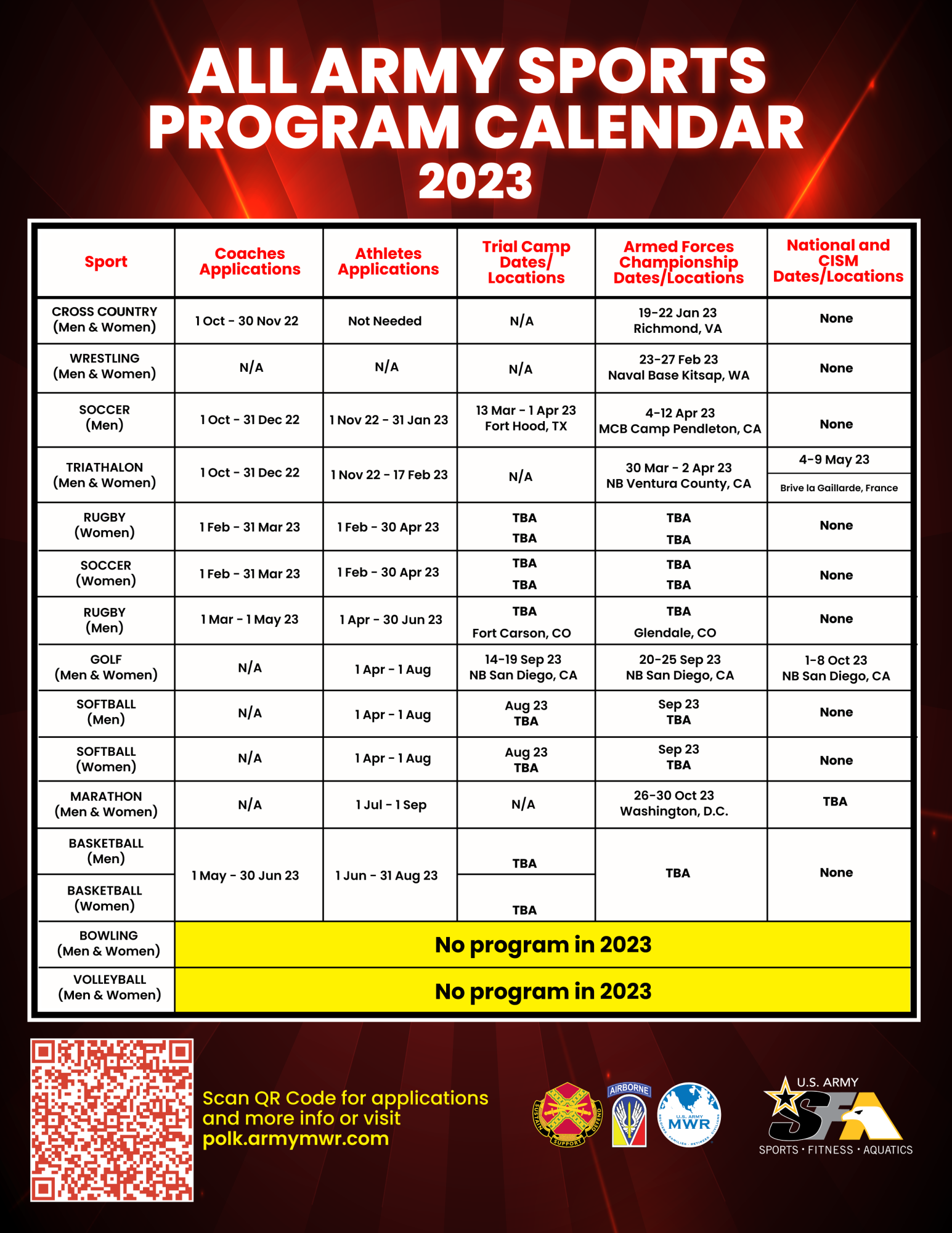 2023 All Army Sports Program Calendar Ft. Johnson US Army MWR